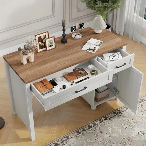Miniatura 4 de Vabches Escritorio ejecutivo Farmhouse de 47 pulgadas, escritorio para computadora con cajones y armario de almacenamiento, escritorio de Blanco