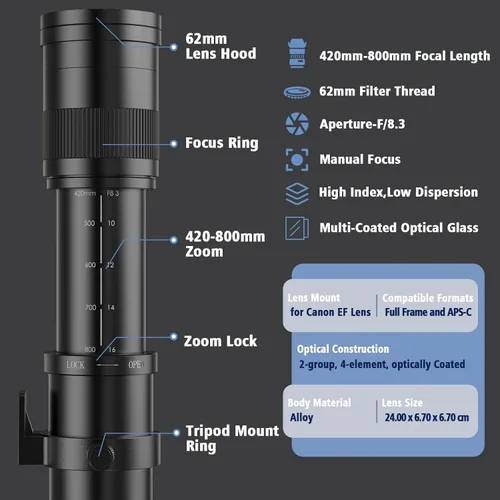 Miniatura 6 de Lente telefoto EF/EF-S 420-800mm F8.3 de zoom (MF) para Canon EOS Rebel T8i/T7i/T7/T6i/T5/T3i/T2i/XSi/SL3/SL2/T100/90D/80D/70D/50D/5D Mark IV/6D