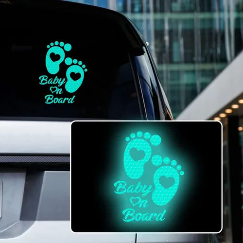 Miniatura 6 de Adhesivo reflectante de alta intensidad para automóvil de bebé a bordo, impermeable, linda huella de bebé en coche, letrero de advertencia de Verde