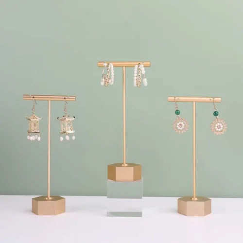 GemeShou 3 piezas de metal dorado soporte en T para exhibición, organizador de aretes de barra en T, exhibición de fotografía de joyería para