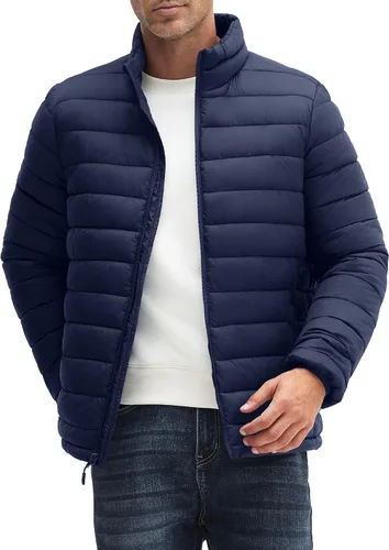 Miniatura 7 de WHN Chaqueta acolchada para hombre, ligera, impermeable, resistente al viento, cuello alto, con cremallera completa, con 3 bolsillos