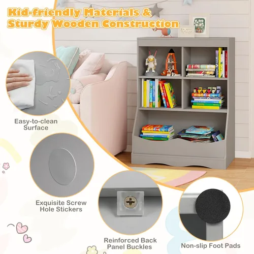 Miniatura 5 de Costzon Organizador de almacenamiento de juguetes, estantería infantil de 5 compartimentos con estribo y dispositivos antivuelcos, estantería