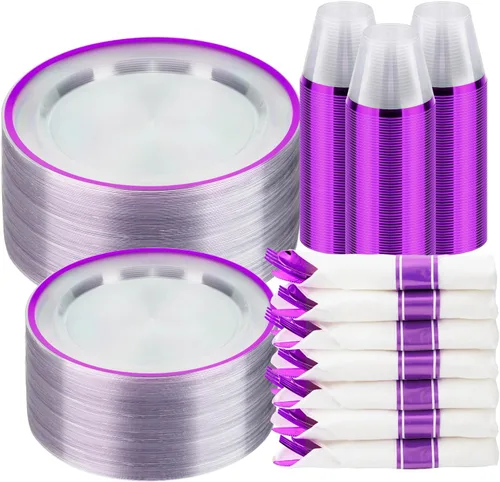 Miniatura 14 de BESTSTAR Juego de 175 platos desechables transparentes y negros para 25 invitados, 50 platos de plástico, 25 vasos, 25 servilletas preenrolladas