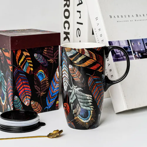 Miniatura 5 de Topadorn - Taza de viaje de cerámica de 17 onzas con tapa, taza de café de plumas boho con asa, taza grande de viaje de cerámica, apta