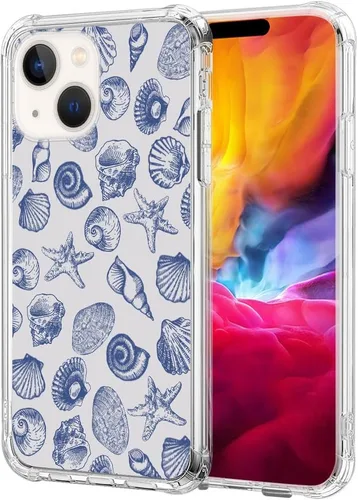 Miniatura 2 de DAIZAG Funda compatible con iPhone 15 Plus, bonita funda de teléfono azul con conchas marinas para niñas y mujeres, funda transparente de cuatro