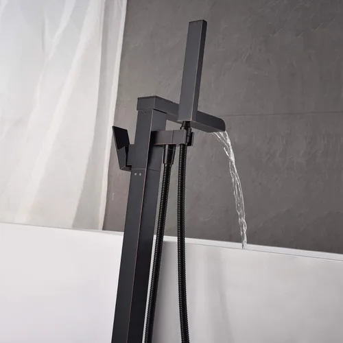 Miniatura 5 de Wowkk Grifo de bañera independiente con grifo de bañera cascada de una sola manija de bronce aceitado montado en el piso grifos con ducha de mano