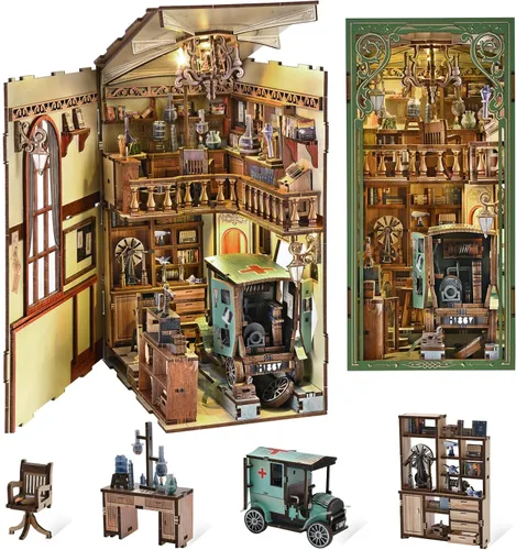 Miniatura 10 de CCCDF - Kit de manualidades para rincón de lectura de biblioteca, kit de casa de muñecas en miniatura, rompecabezas de madera 3D con luces LED