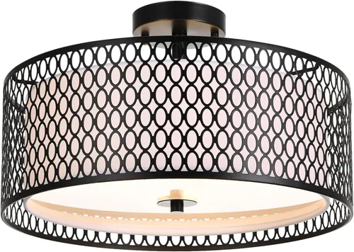 Miniatura 9 de Lámpara de techo semiempotrada de 17 pulgadas, moderna iluminación de techo E26 de doble tambor de 3 luces con jaula de malla de hierro negro mate