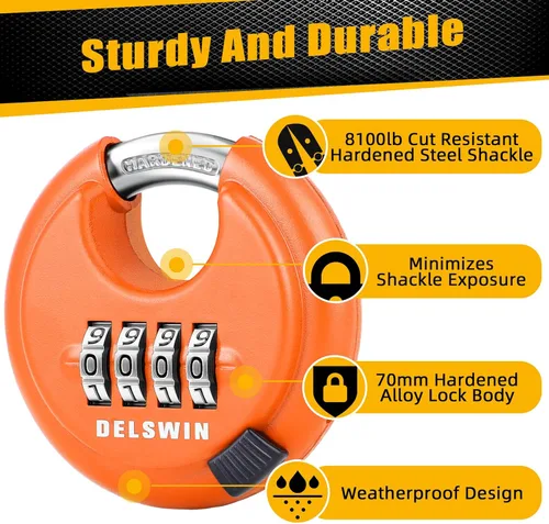 Miniatura 4 de DELSWIN Cerradura de combinación de disco de 4 dígitos para exteriores, candados de combinación resistentes con grillete de acero endurecido Naranja