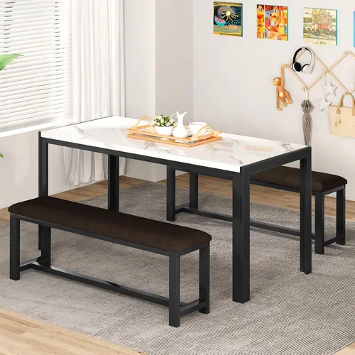 Miniatura 3 de Recaceik Juego de mesa de comedor para 4 personas con bancos tapizados de piel sintética, juego de mesa de comedor de mármol sintético para 4-6