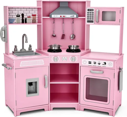 JOYLDIAS Cocina de Juego para Niños, Set de Juguetes de Cocina de Madera de Esquina de Mentira para Niños Pequeños con Luces y Sonidos Realistas,
