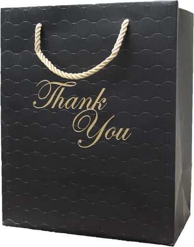 MODEENI Bolsas de regalo negras de agradecimiento – Tamaño mediano 8 x 10 – 12 bolsas – Elegante para pequeñas empresas – Boutique con asas de