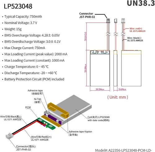 Miniatura 2 de EEMB Batería de polímero de litio 3.7V 750mAh 523048 Lipo Batería recargable con conector JST de cable para altavoz y dispositivo inalámbrico