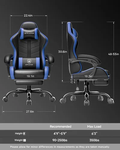 Miniatura 3 de GTPLAYER Silla de juegos para adultos, silla ergonómica para juegos de computadora con reposapiés, altura ajustable, reclinación de 90-155° y Azul