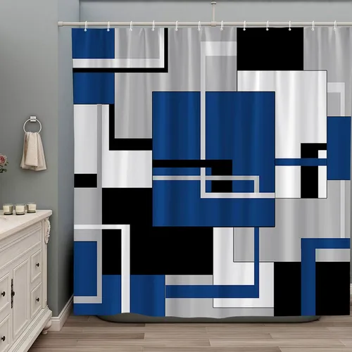Cortina de ducha azul, negro, blanco, gris, geométrica, abstracta, de mediados de siglo, moderna, minimalista, a la moda, para el hogar, juego de