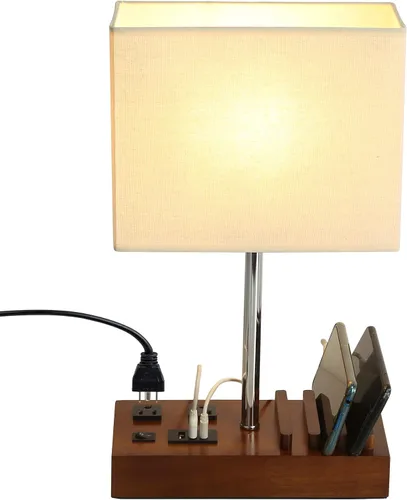 Miniatura 8 de Briever Lámpara de mesa USB, lámpara multifuncional de mesita de noche con 2 salidas de CA, 3 puertos de carga USB y organizador de soporte