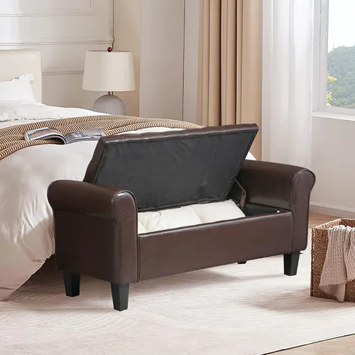 Miniatura 2 de ECOTOUGE Banco de almacenamiento armado, reposapiés tapizado de cuero con tapa con bisagras para el extremo de la cama del dormitorio, modelo Marrón