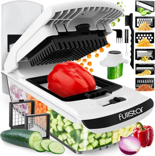 Fullstar Picador de verduras y mandolina todo en uno, picador de alimentos con recipiente y rebanador de juliana, cortador de frutas, cortador de
