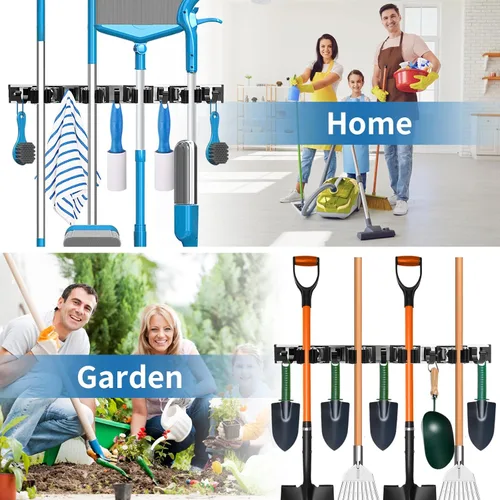 Miniatura 7 de Soporte para trapeador de escoba de montaje en pared, organizador de metal para almacenamiento de garaje, jardín, cocina, herramientas con 4