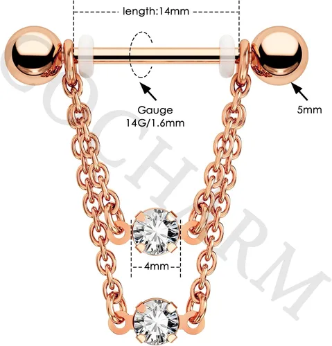 Miniatura 3 de Cocharm Anillos de pezón de doble cadena de 0.49 oz, plata y oro, joyería de piercing de acero inoxidable 316L para mujer