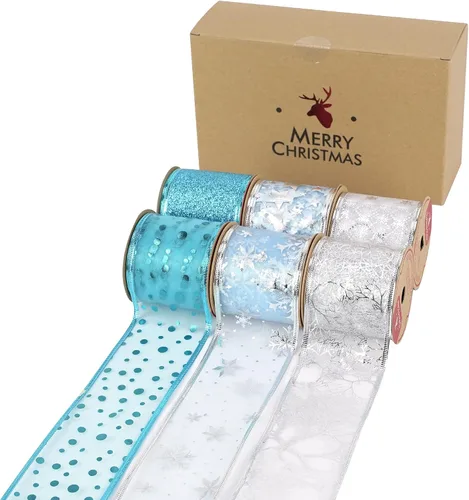 Miniatura 9 de MEEDEE Cinta de Navidad turquesa de 2.5 pulgadas, 6 rollos, 36 yardas, azul y plateado para árbol de Navidad