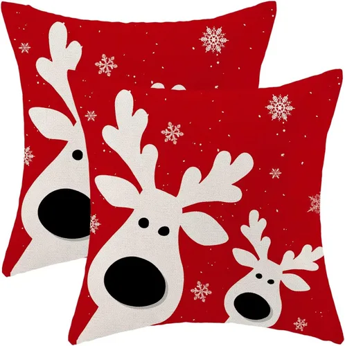 Fundas de Almohada Feliz Navidad de 16 x 16 Pulgadas Juego de 2, Fundas de Almohada Decorativas de Ciervos y Copos de Nieve Rojos de Invierno Fundas