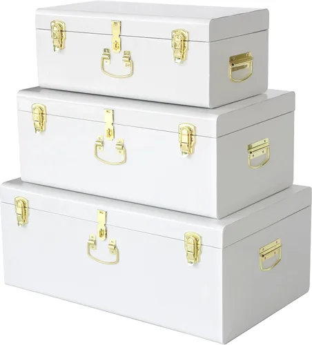 Miniatura 17 de Vixdonos Juego de 2 baúles decorativos de metal grande, organizador de dormitorio universitario con cerrojos y asa para decoración del hogar, 23.7 x