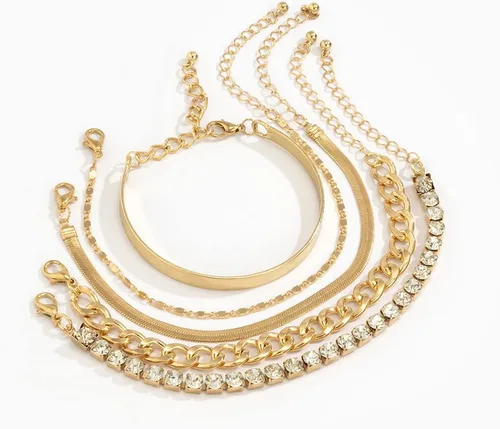 Miniatura 3 de fxmimior Juego de 5 pulseras apilables de cadena dorada y plata con diamantes de imitación para mujer, con cuentas ajustables, cadena de cable plano