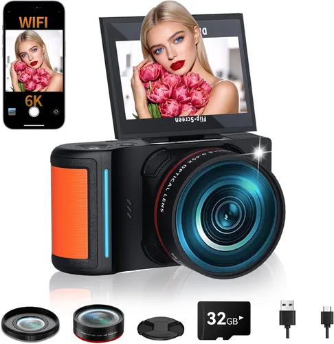 Cámara digital 6K 96MP Vlogging Cámara para YouTube con pantalla abatible de 3 pulgadas 180° WiFi enfoque automático 18X zoom 32GB tarjeta portátil