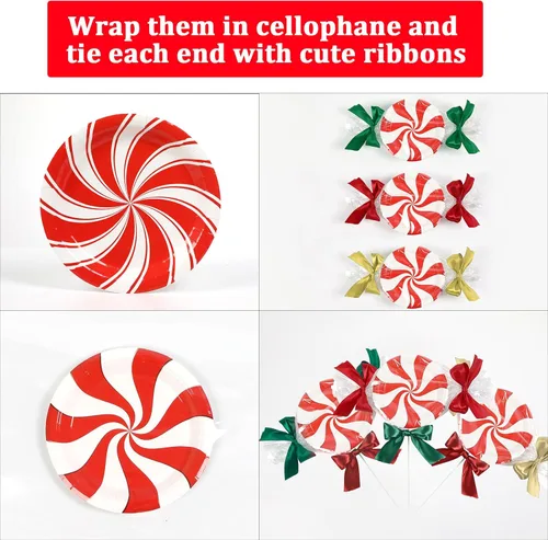 Miniatura 6 de Juego de 96 platos de papel de caramelo de menta de Navidad, suministros de fiesta, suministros de fiesta de caramelo y menta para vacaciones