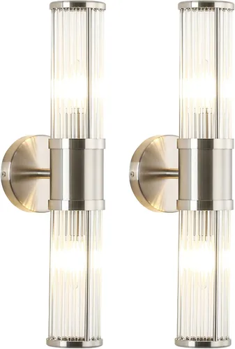 Miniatura 12 de Moderna lámpara de tocador de latón cepillado, aplique de pared con doble varilla de vidrio para baño, base de candelabro E12, iluminación de Latón