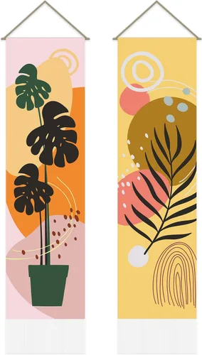 Miniatura 8 de AHANDMAKER 2 tapices de flores y hojas, tapiz de sol y luna, psicodélico largo vertical para colgar en la pared, tapices de estética botánica, tapiz
