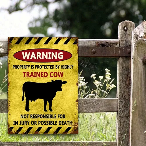 Miniatura 2 de Homega Letrero de metal con diseño de vaca de la casa de vacas, placa de metal de granja de ganado, advertencia de esta propiedad está protegida por
