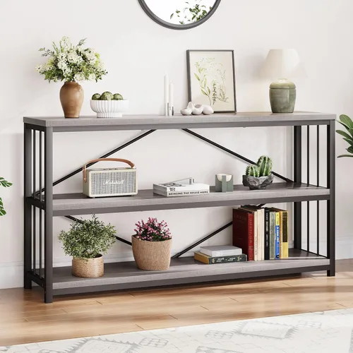LVB Mesa Consola Industrial de Granja, Mesas de Sofá de Entrada de Metal y Madera con Almacenamiento, Mesa de Entrada Rústica Larga de 3 Niveles