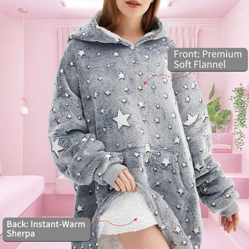 Miniatura 3 de Manta con capucha de gran tamaño, que brilla en la oscuridad, suave felpa cálida, sudadera con capucha para adultos, mujeres y hombres