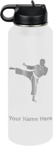 Miniatura 10 de Botella de agua personalizada LaserGram, Karate Man, de acero inoxidable con doble pared aislada al vacío con tapa abatible, regalo personalizado