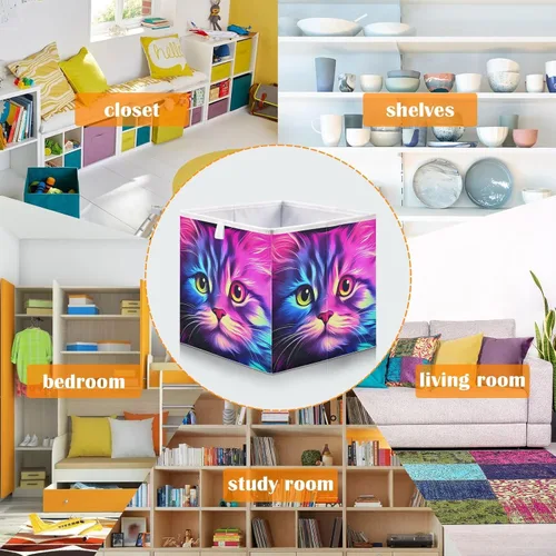 Miniatura 6 de Vnurnrn Cubo de almacenamiento plegable con impresión de gato morado brillante, cestas organizadoras con tablero de soporte para armario de estante