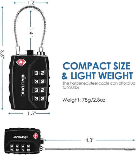 Miniatura 2 de Paquete de 2 cerraduras de equipaje de viaje aprobadas por la TSA, combinación de cables de metal de 4 dígitos, candados de aleación, candado