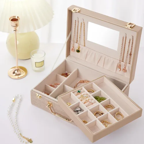 Miniatura 6 de Joyero portátil para mujeres y niñas con piel sintética, caja organizadora de aretes con espejo de maquillaje para regalos de Navidad y Año Nuevo