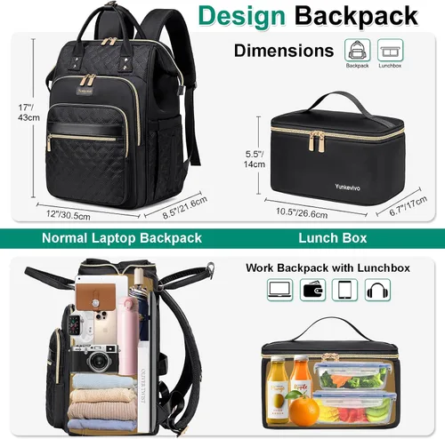 Miniatura 4 de Mochila de almuerzo, mochila para laptop de 15.6 pulgadas para mujeres, enfermeras, profesores, mochila de trabajo con lonchera aislada, Negro
