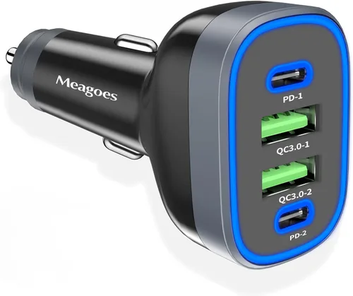 Cargador de coche USB C, Meagoes 4 puertos 90W carga súper rápida, doble 45W USBC y QC3.0 USB 12V adaptador de encendedor de cigarrillos para iPhone