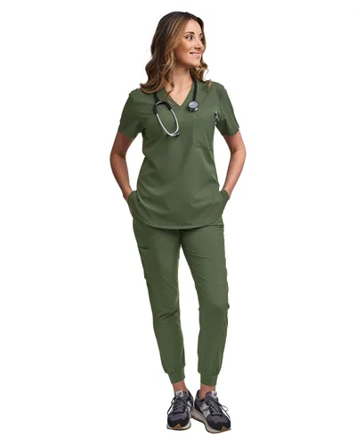 Miniatura 36 de Green Town Conjunto de ropa quirúrgica para mujer, pantalón deportivo y parte superior con cuello en V, 5 bolsillos, cintura de yoga, uniforme