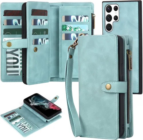 TwoHead Funda tipo cartera para Samsung Galaxy S22 Ultra con tarjetero y funda magnética desmontable, funda de cuero con protección completa para