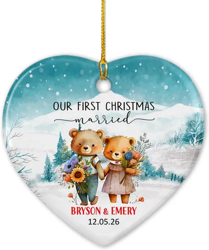Miniatura 11 de Nuestro adorno de cerámica casado de 2ª Navidad, regalo personalizado de adorno de boda de oso polar, regalo de adorno de boda, Mr Mrs Married