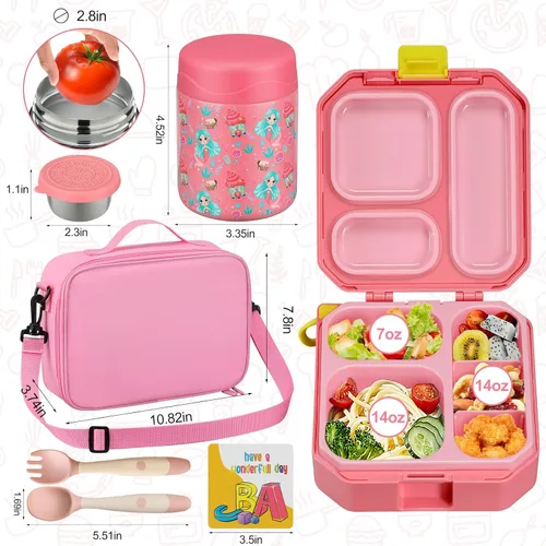 Miniatura 6 de wiwens Lonchera Bento para Niños con Termo para Sopa de 12 oz a Prueba de Fugas, Contenedor de Comida para Almuerzo con 5 Compartimentos, Frasco