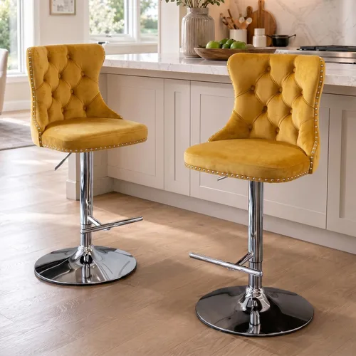 Miniatura 70 de SoarFlash Juego de 2 taburetes de bar tapizados de terciopelo moderno con patas de madera, botones acolchados, cabeza de clavo cromada, asiento