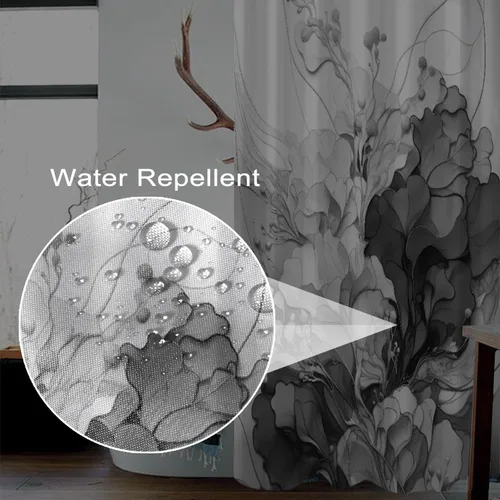 Miniatura 4 de Cortina de ducha con flores grises para baño, juego de cortina de ducha de mármol gris claro y blanco con ganchos, decoración floral abstracta