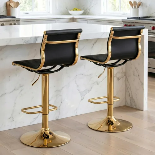 Miniatura 3 de Taburetes de bar ajustables de piel sintética, taburete de bar negro y dorado con respaldo, moderno taburete giratorio de altura de mostrador
