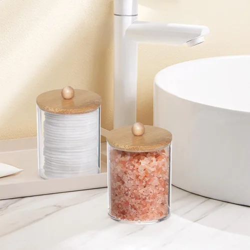 Miniatura 7 de Tbestmax Tarros de baño con soporte Qtip de 10 onzas para hisopos de bolas de algodón, dispensador de almacenamiento, tapa de bambú (paquete de 2)