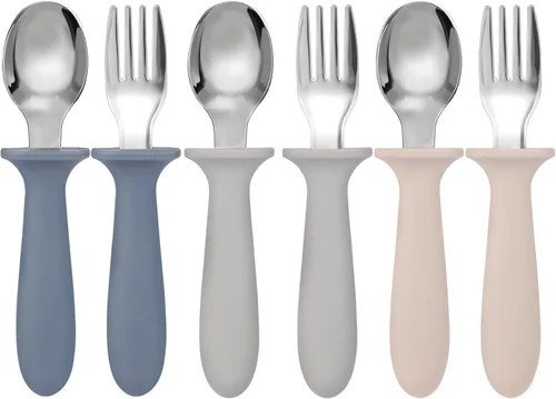 Miniatura 8 de Eascrozn - Juego de utencilios para niños pequeños, paquete de 6, cubiertos para niños con mango de silicona, tenedores y cucharas de acero